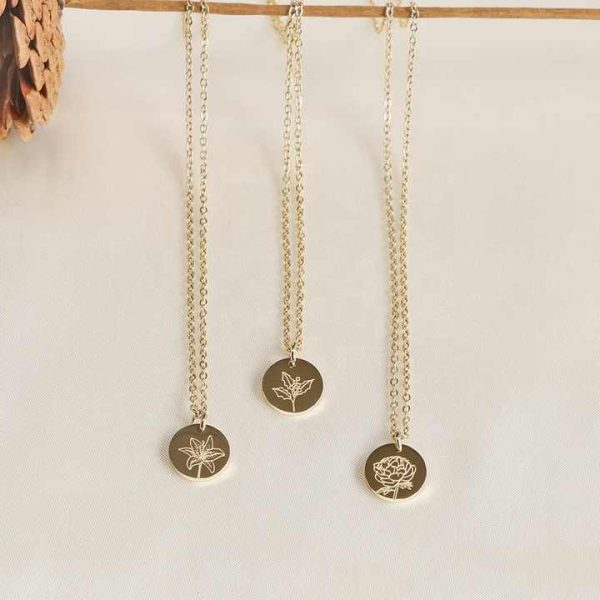 Stainless Steel 18K Gold Coin Fashionable Friendship Memorial Birth Flower Power Necklace