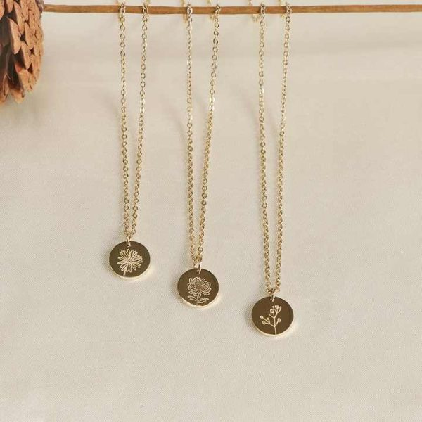 Stainless Steel 18K Gold Coin Fashionable Friendship Memorial Birth Flower Power Necklace