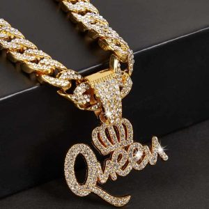 Men's Vintage Gold Plated Cuban Chain Necklace with Crown Letter Pendant and Rhinestone Accents - Customizable Hip Hop Jewelry