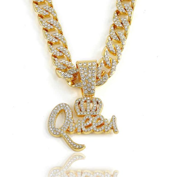 Fashionable Personalized Gold Plated Cuban Hip Hop Necklace Single Drop Full Diamond with Creative Crown English Letter Pendant