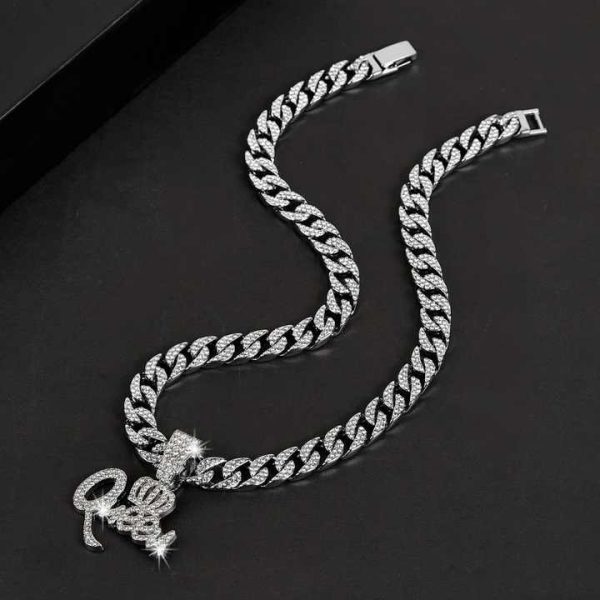 Fashionable Personalized Gold Plated Cuban Hip Hop Necklace Single Drop Full Diamond with Creative Crown English Letter Pendant