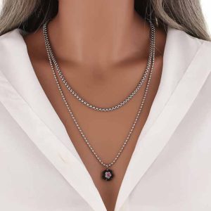 Trendy Stainless Steel Double Layer Necklace with Acrylic Flower Pendant for Women