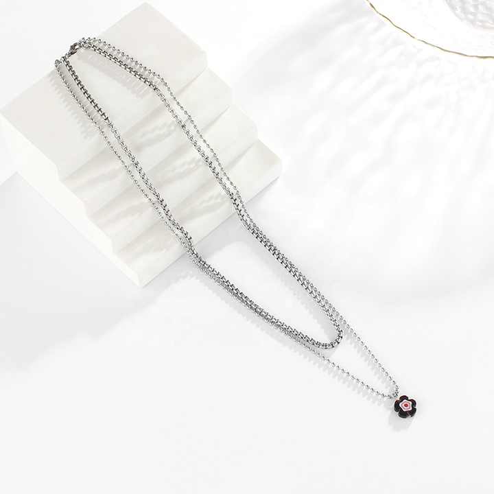Hip Hop Stainless Steel Double-Layer Necklace With Acrylic Flower Pendant Fashion Jewelry for Women
