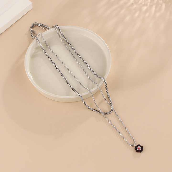Hip Hop Stainless Steel Double-Layer Necklace With Acrylic Flower Pendant Fashion Jewelry for Women