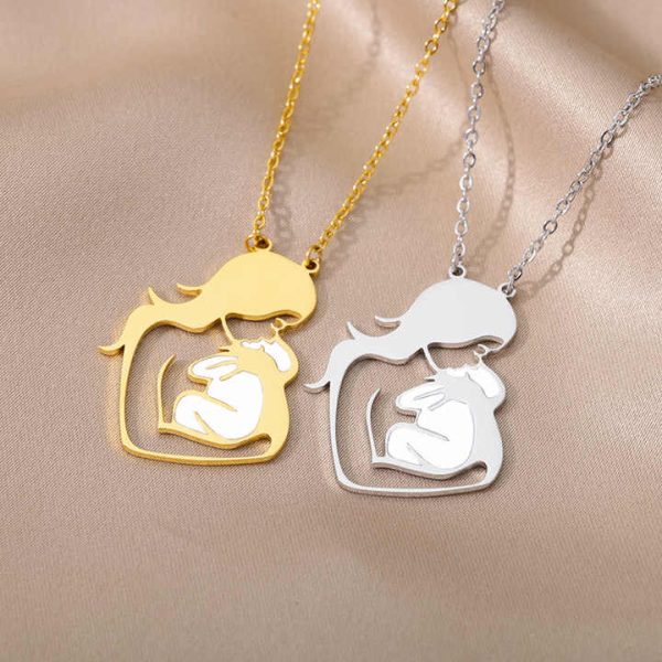 New Fashion Stainless Steel Necklace Jewelry Gold Planted Mother's Day Series Pendant Holding Children Necklace