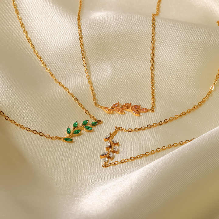 18K Gold Plated Oval Zircon Inlaid Tree Branch Shape Stainless Steel Necklaces for Party Jewelry