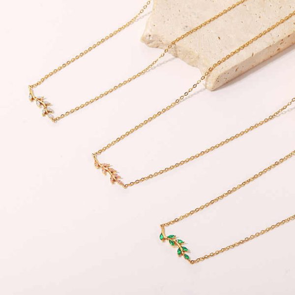 18K Gold Plated Oval Zircon Inlaid Tree Branch Shape Stainless Steel Necklaces for Party Jewelry