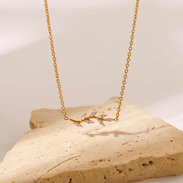 18K Gold Plated Oval Zircon Inlaid Tree Branch Shape Stainless Steel Necklaces for Party Jewelry
