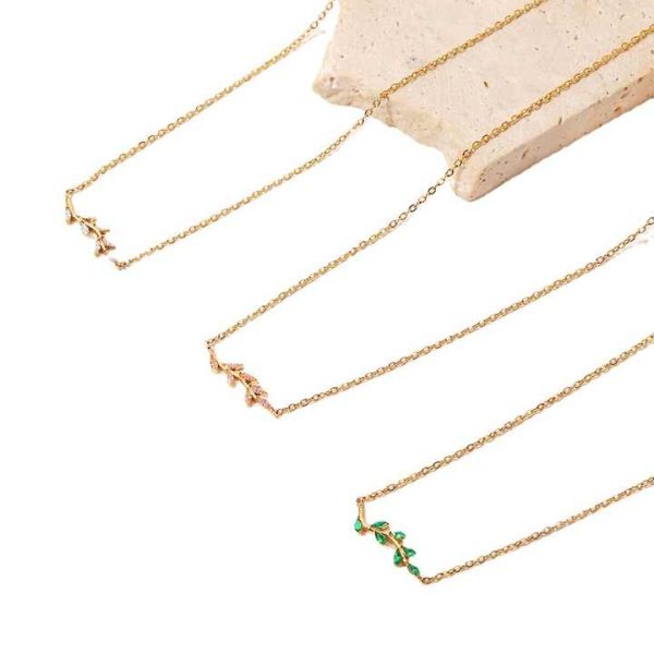 18K Gold Plated Oval Zircon Inlaid Tree Branch Shape Stainless Steel Necklaces for Party Jewelry