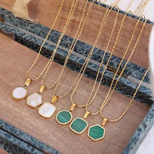 New Trendy 18K Gold Plated Stainless Steel Jewelry Wholesale Artificial Malachite Natural Shell Geometric Pendant Necklace
