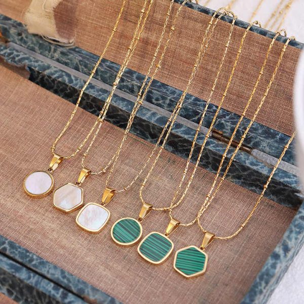 New Trendy 18K Gold Plated Stainless Steel Jewelry Wholesale Artificial Malachite Natural Shell Geometric Pendant Necklace