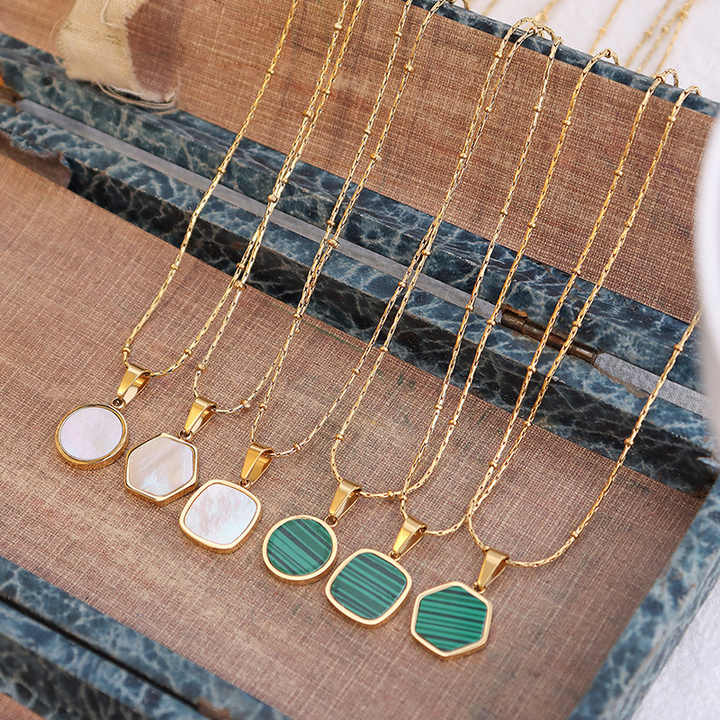 New Trendy 18K Gold Plated Stainless Steel Jewelry Wholesale Artificial Malachite Natural Shell Geometric Pendant Necklace