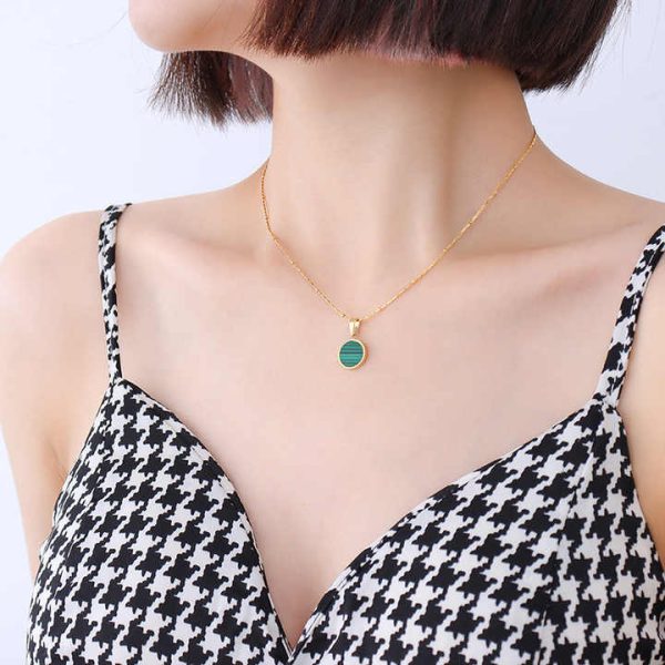 New Trendy 18K Gold Plated Stainless Steel Jewelry Wholesale Artificial Malachite Natural Shell Geometric Pendant Necklace