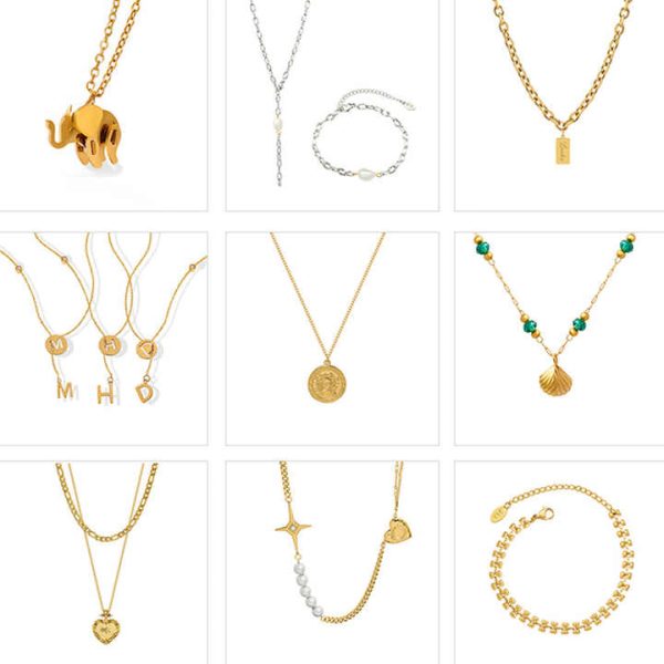 New Trendy 18K Gold Plated Stainless Steel Jewelry Wholesale Artificial Malachite Natural Shell Geometric Pendant Necklace