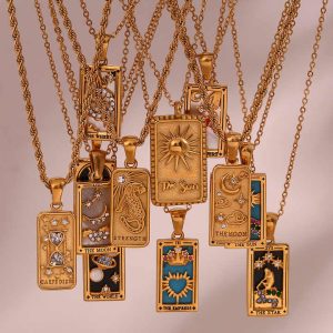 Trendy Stainless Steel Rectangular Dripping Zircon Tarot Necklace 18K Gold Plated Power Jewelry for Women and Men