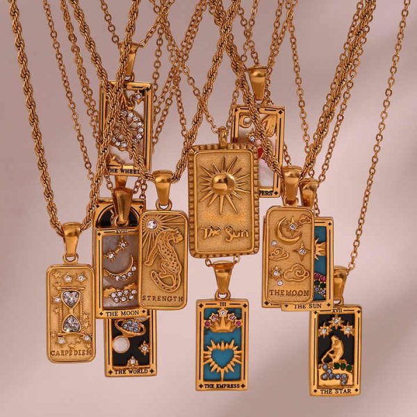 INS Fashion Retro Pop 18K Gold Plated Necklace Stainless Steel Rectangular Dripping Zircon Tarot Necklace Jewelry