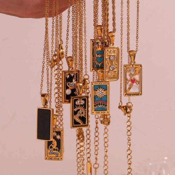 INS Fashion Retro Pop 18K Gold Plated Necklace Stainless Steel Rectangular Dripping Zircon Tarot Necklace Jewelry