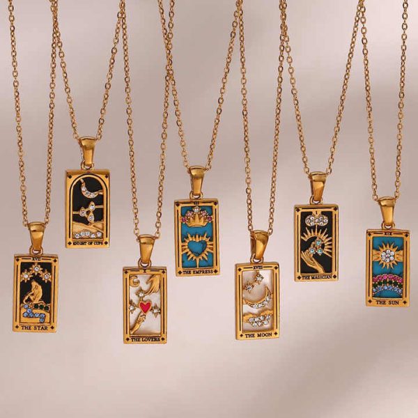 INS Fashion Retro Pop 18K Gold Plated Necklace Stainless Steel Rectangular Dripping Zircon Tarot Necklace Jewelry