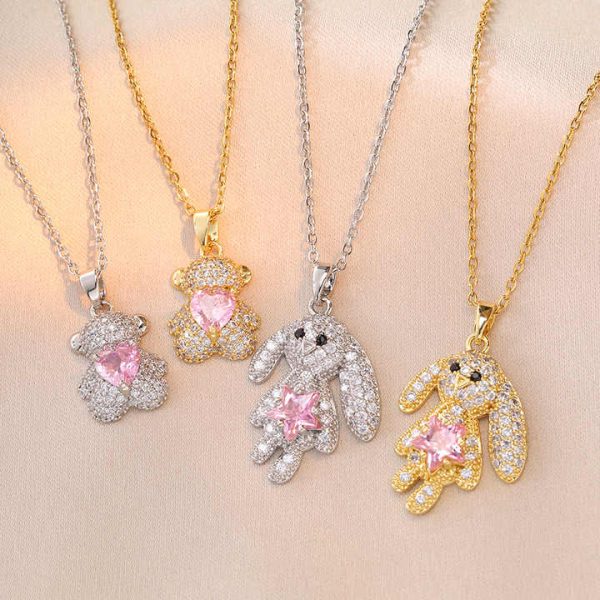 Sweet Dream Rabbit Zircon, Bear Micro-inset Zircon Pendant, Titanium Steel Necklace