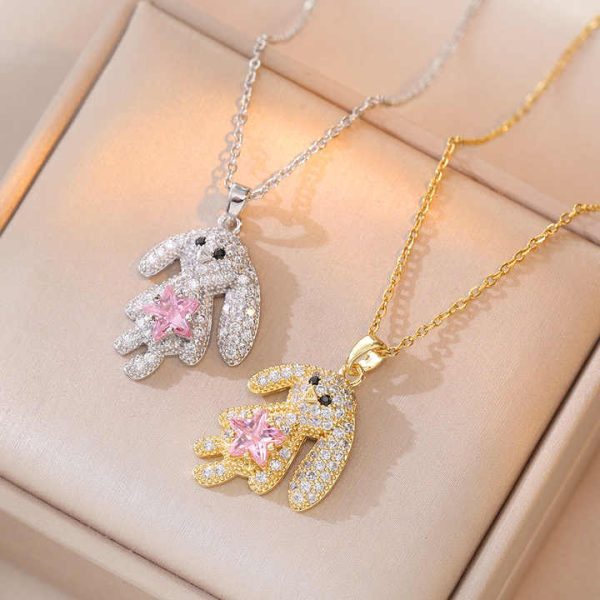Sweet Dream Rabbit Zircon, Bear Micro-inset Zircon Pendant, Titanium Steel Necklace