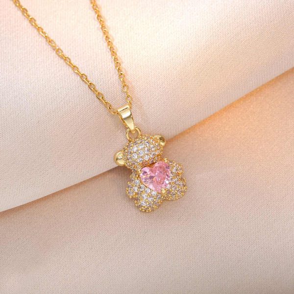 Sweet Dream Rabbit Zircon, Bear Micro-inset Zircon Pendant, Titanium Steel Necklace