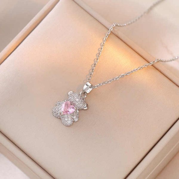 Sweet Dream Rabbit Zircon, Bear Micro-inset Zircon Pendant, Titanium Steel Necklace