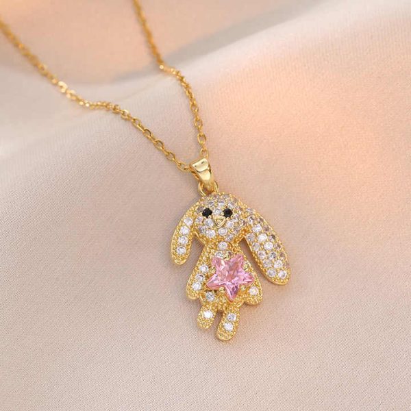 Sweet Dream Rabbit Zircon, Bear Micro-inset Zircon Pendant, Titanium Steel Necklace