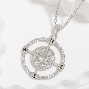 Vintage Copper Zircon Compass Hollow Necklace with Micro Insert Inlay for Women Men