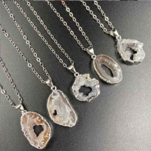 Retro Silver Plated Crystal Geode Druzy Healing Stone Pendant Necklace for Women - 20-30mm Strand Chain Power Jewelry