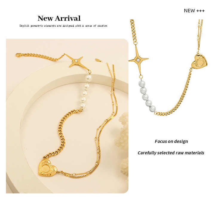 2024 Trends Gold Plated Cubic Zirconia Imitation Pearl Heart Star Pendant Fashion Jewelry Necklaces for Women