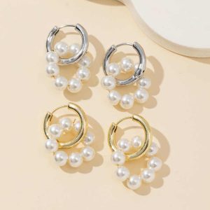 Punk Style Gold Plated Pearl Hoop Earrings for Women Minimalist Alloy Circle Eardrop Jewelry