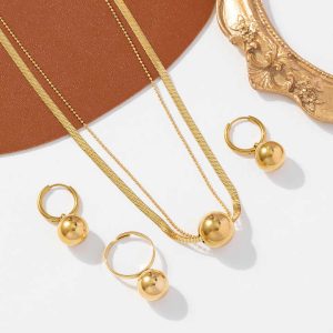 Punk Style Stainless Steel Three-Piece Jewelry Set with Round Ball Pendant Necklace Earrings and Ring