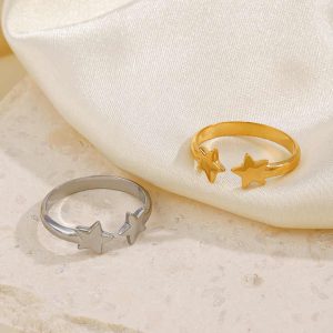 Fashion Rings 18K Gold Plated Open Stainless Steel Pentagram Ring for Women
