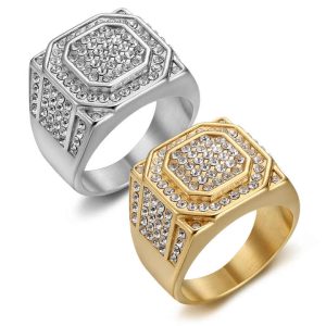 Hip Hop Cubic Zirconia Luxury Waterproof 18K Gold Plated Titanium Stainless Steel Fashion Jewelry Ring Non Tarnish for Men Male
