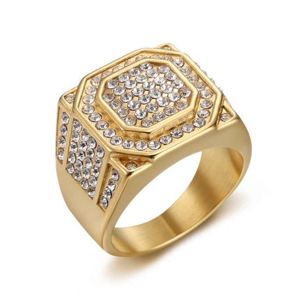 Hip Hop Cubic Zirconia Luxury Waterproof 18K Gold Plated Titanium Stainless Steel Fashion Jewelry Ring Non Tarnish for Men Male