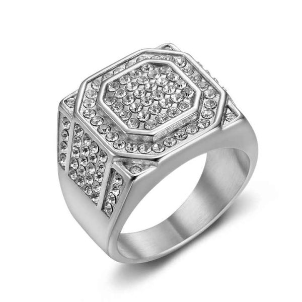 Hip Hop Cubic Zirconia Luxury Waterproof 18K Gold Plated Titanium Stainless Steel Fashion Jewelry Ring Non Tarnish for Men Male