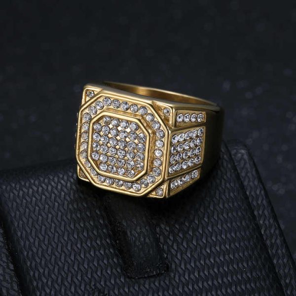 Hip Hop Cubic Zirconia Luxury Waterproof 18K Gold Plated Titanium Stainless Steel Fashion Jewelry Ring Non Tarnish for Men Male