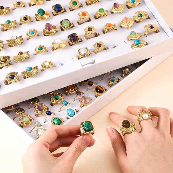 PVD 18k Gold Plated Continuable Multilayer Malachite Natural Stone Open Ring Stainless Steel Black Onyx Tiger Eye Stone Rings