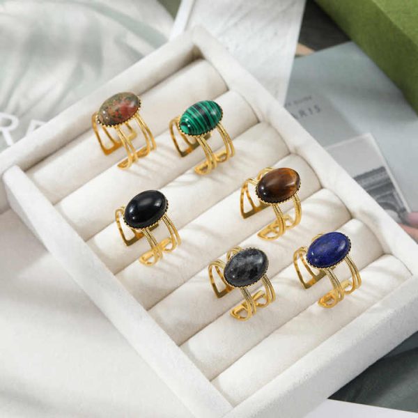 PVD 18k Gold Plated Continuable Multilayer Malachite Natural Stone Open Ring Stainless Steel Black Onyx Tiger Eye Stone Rings