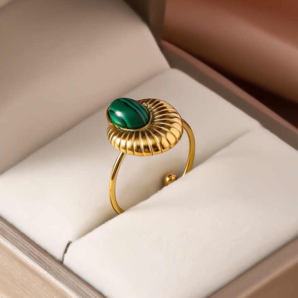PVD 18k Gold Plated Continuable Multilayer Malachite Natural Stone Open Ring Stainless Steel Black Onyx Tiger Eye Stone Rings
