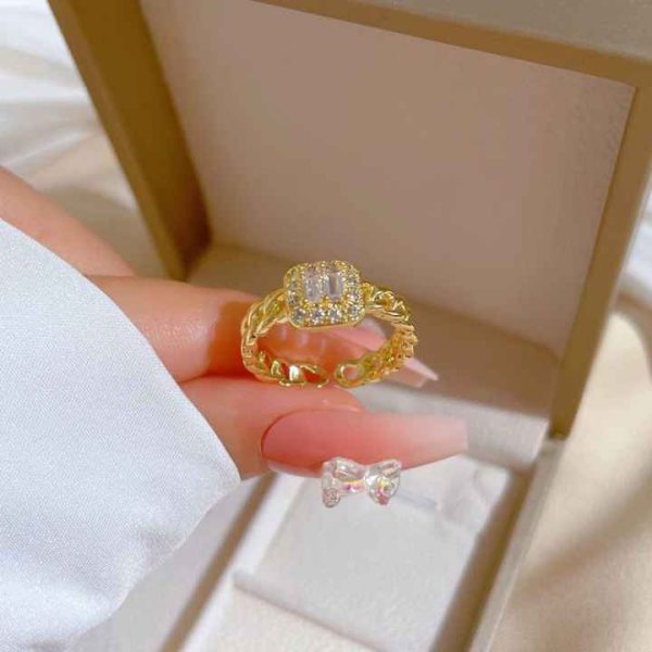 Fashion Jewelry Rings Square Zirconia Adjustable Brass Ring for Women