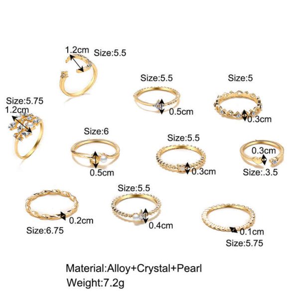 Women's Versatile 10-Piece Vintage Joint Ring Set New Fashionable Star Moon with Diamonds Love Pearl Leaves for Engagement