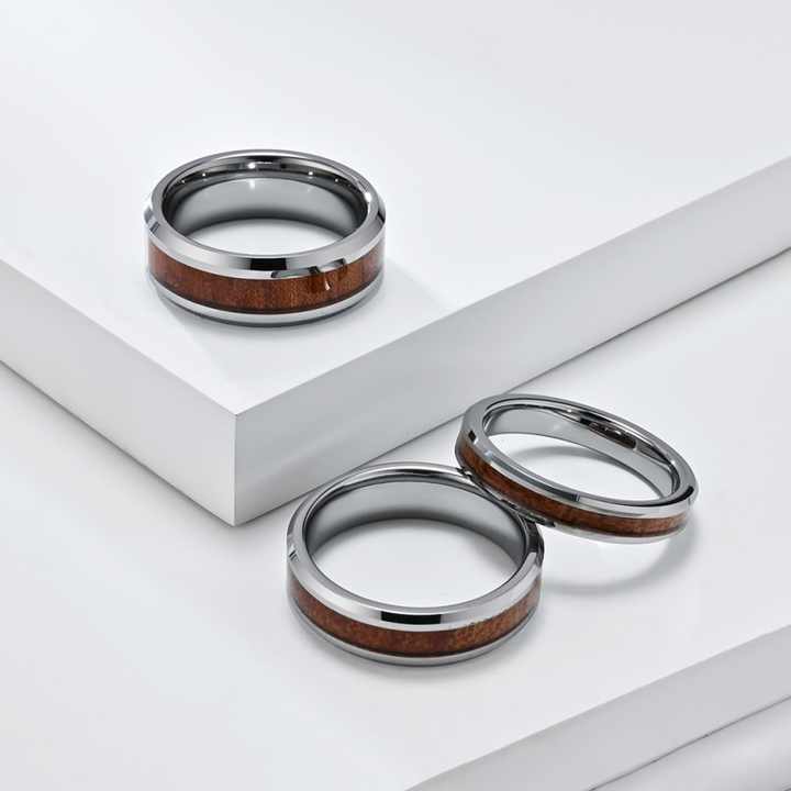 Fashion Fine Jewelry Rose Gold Tungsten Ring Men Women Wedding Band Barrel Oak Wood Inlay Beveled Comfort Fit