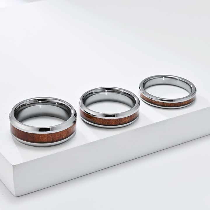 Fashion Fine Jewelry Rose Gold Tungsten Ring Men Women Wedding Band Barrel Oak Wood Inlay Beveled Comfort Fit
