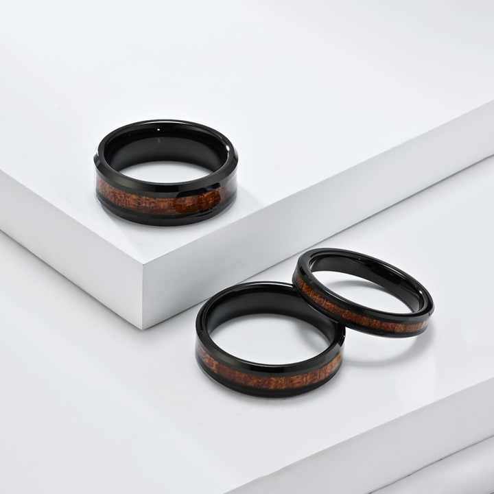 Fashion Fine Jewelry Rose Gold Tungsten Ring Men Women Wedding Band Barrel Oak Wood Inlay Beveled Comfort Fit