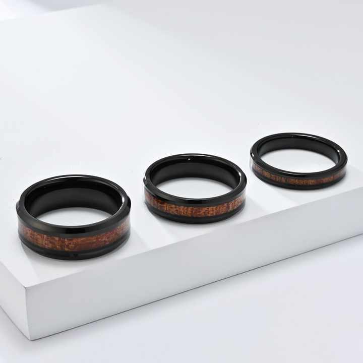 Fashion Fine Jewelry Rose Gold Tungsten Ring Men Women Wedding Band Barrel Oak Wood Inlay Beveled Comfort Fit