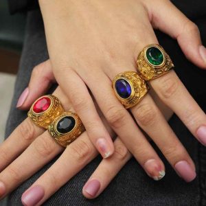 Trendy 18K Gold Plated Stainless Steel Multicolor Gemstone Ring for Women