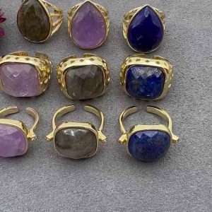 Adjustable 18k Gold Plated Water Drop Healing Crystal Gemstone Ring for Women and Men | Unisex Anniversary Gift Jewelry