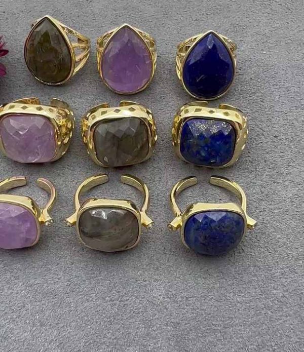 Adjustable 18k Gold Plated Water Drop Healing Crystal Gemstone Ring for Women and Men | Unisex Anniversary Gift Jewelry