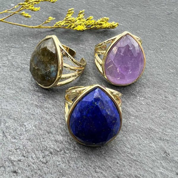 Fashion Adjustable 18k Gold Plated Rings Water Drop Ring Healing Crystal Amethyst Lapis Lazuli Labradorite Ring for Men & Women